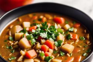 Curry with chicken and vegetables in a bowl on a wooden table. Gumbo. Vegetable soup. Seafood soup photo