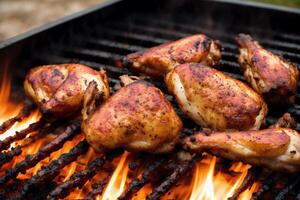 Grilled chicken wings with sweet and sour sauce on a white plate.Grilled sausages , Delicious barbecue ribs. photo