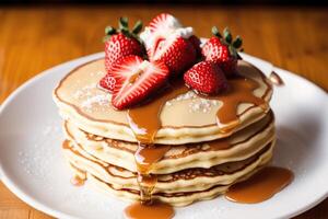 Stack of pancakes with maple syrup and sugar powder on a white plate. strawberries and whipped cream, photo