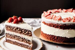 pedazo de pastel con fresas y arándanos en un de madera antecedentes. chocolate pastel, Tiramisu pastel. generativo ai foto