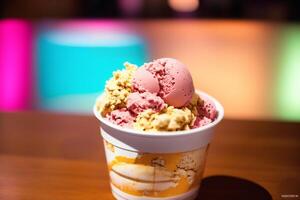 delicious ice cream in a cup, close-up, on the table. sweet food. photo