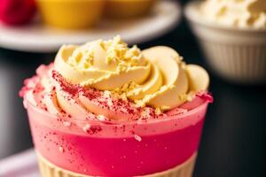 delicious ice cream in a cup, close-up, on the table. sweet food. photo