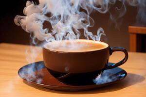 Coffee cup with steam on wooden table and black background. photo