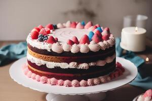 Birthday cake with candles, balloons and confetti on the table. photo