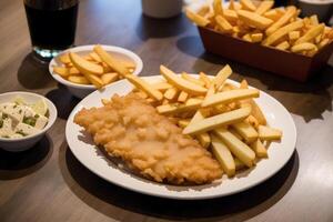 A plate of fish and chips with a bottle of ketchup in the background. photo