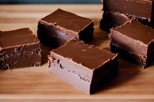 Fudge on a white plate on a wooden table. Homemade fudge cookies, candies with nuts. photo