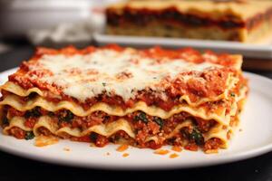 A stack of lasagna with a slice of lasagna on top on a wooden table. photo