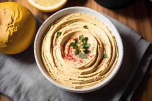 A bowl of hummus sits on a wooden table. photo