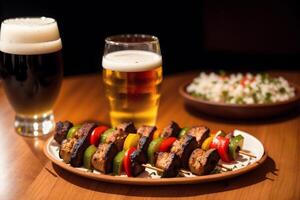 A plate with shish kabob on a wooden table. Meat sticks. photo