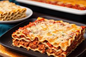 A stack of lasagna with a slice of lasagna on top on a wooden table. photo