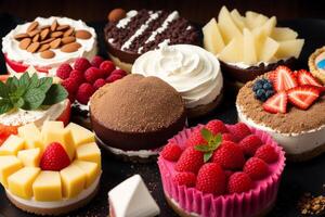 Assortment of cakes with different fillings on a wooden table. Homemade cake. photo