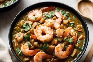 Curry with chicken and vegetables in a bowl on a wooden table. Gumbo. Vegetable soup. Seafood soup photo