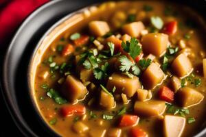 Curry with chicken and vegetables in a bowl on a wooden table. Gumbo. Vegetable soup. Seafood soup photo