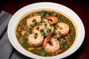 Curry with chicken and vegetables in a bowl on a wooden table. Gumbo. Vegetable soup. Seafood soup photo