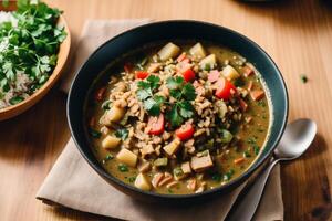 Curry with chicken and vegetables in a bowl on a wooden table. Gumbo. Vegetable soup. Seafood soup photo