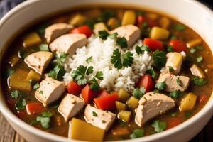 Curry with chicken and vegetables in a bowl on a wooden table. Gumbo. Vegetable soup. Seafood soup photo