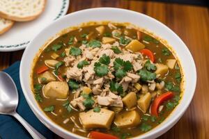 Curry with chicken and vegetables in a bowl on a wooden table. Gumbo. Vegetable soup. Seafood soup photo