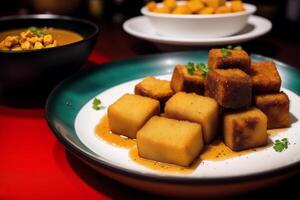 tofu con dulce y agrio salsa en un plato en de madera mesa. generativo ai foto