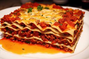 A stack of lasagna with a slice of lasagna on top on a wooden table. photo