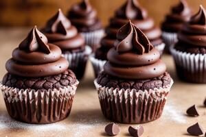 Colorful cupcakes on a white plate on a wooden table. Homemade cupcake with nuts and honey. photo