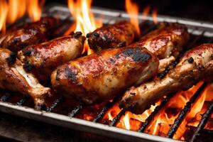 Grilled chicken wings with sweet and sour sauce on a white plate.Grilled sausages , Delicious barbecue ribs. photo