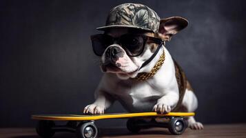 Cool red ginger dog Bulldog in sunglasse, cap and golden collar sitting on skateboard funny pets photo