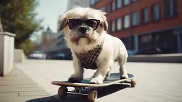 Cool white bearded fluffy dog in sunglasses riding a skateboard down the street funny pets photo