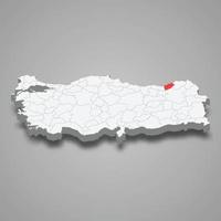 Rize region location within Turkey 3d map vector