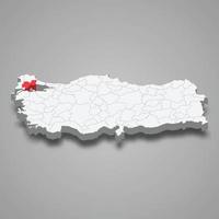 Tekirdag region location within Turkey 3d map vector