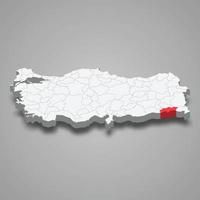 Sirnak region location within Turkey 3d map vector