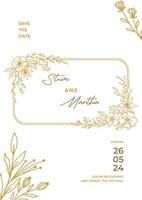 minimalista Boda invitación modelo con oro mano dibujado hojas y flores decoración vector