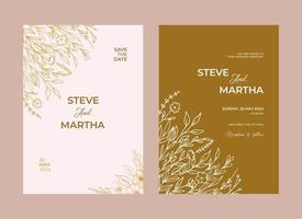 minimalista Boda invitación modelo con oro mano dibujado hojas y flores decoración vector