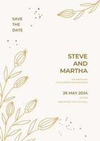 minimalista Boda invitación modelo con oro mano dibujado hojas y flores decoración vector