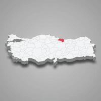 Ordu region location within Turkey 3d map vector