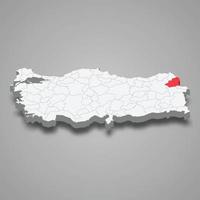 Kars region location within Turkey 3d map vector