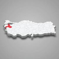 Balikesir region location within Turkey 3d map vector