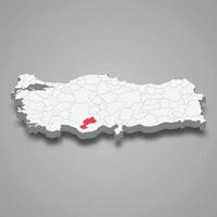 Karaman region location within Turkey 3d map vector