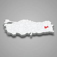 Mus region location within Turkey 3d map vector