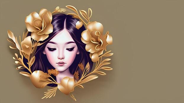 the girl face around of floral art design of golden color photo