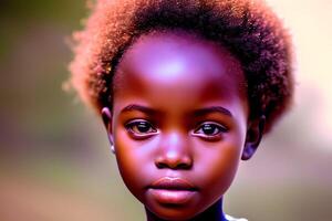 un joven niña con un brillante azul cara y marrón pelo mira dentro el cámara. ai generativo foto