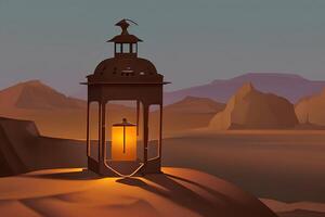 a lantern in the desert with a desert landscape in the background photo