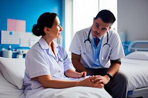 A nurse talks to a patient in a hospital bed. photo