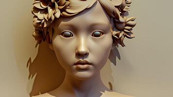 the floral art design in center girl face 3D design of golden color photo