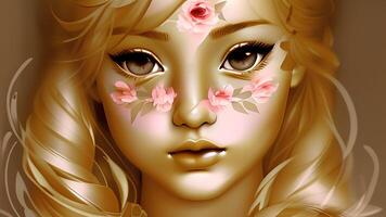 the girl face around of floral art design of golden color photo