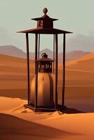 a lantern in the desert with a desert landscape in the background photo