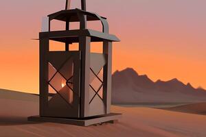 a lantern in the desert with a desert landscape in the background photo