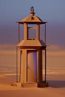 a lantern in the desert with a desert landscape in the background photo