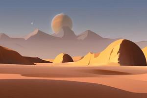 A desert landscape with mountains and a planet in the background. photo