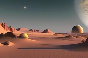 a desert scene with a planet in the background photo