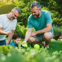 A man and a boy are playing with a ball in a backyard. photo